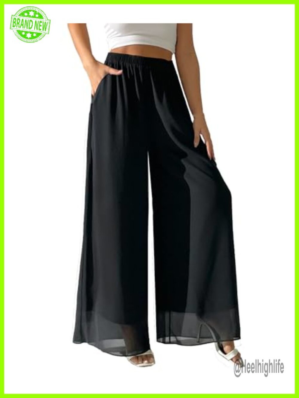 Wide Leg Palazzo Pants Chiffon Flowy High Waist Pockets Dressy Casual Trousers